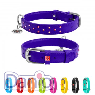 Collar Ошейник для собак кожаный WAUDOG Glamour с QR паспортом, с клеевыми стразами, Ш 25 мм, Дл 38-49 см фиолетовый - Картинка 1