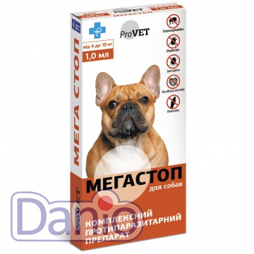 ProVET Капли от блох, клещей, нематод и дирофилярий ProVET МегаСтоп 4 пипеток по 1 мл на холку для собак от 4 до 10 кг - Картинка 1